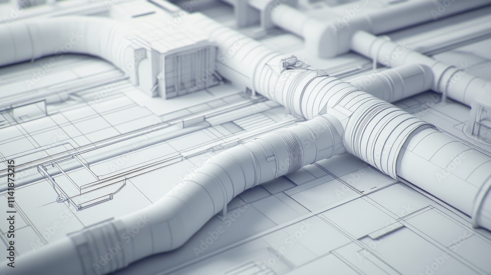Poster a detailed 3d architectural blueprint for a ventilation system, emphasizing air flow design and mech