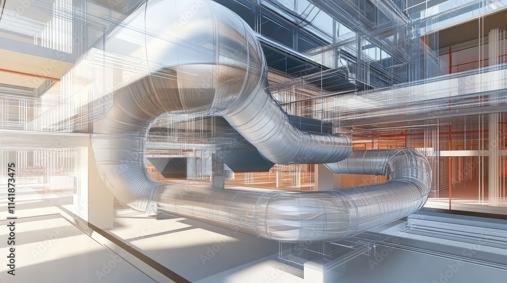Poster a detailed 3d architectural blueprint for a ventilation system, emphasizing air flow design and mech