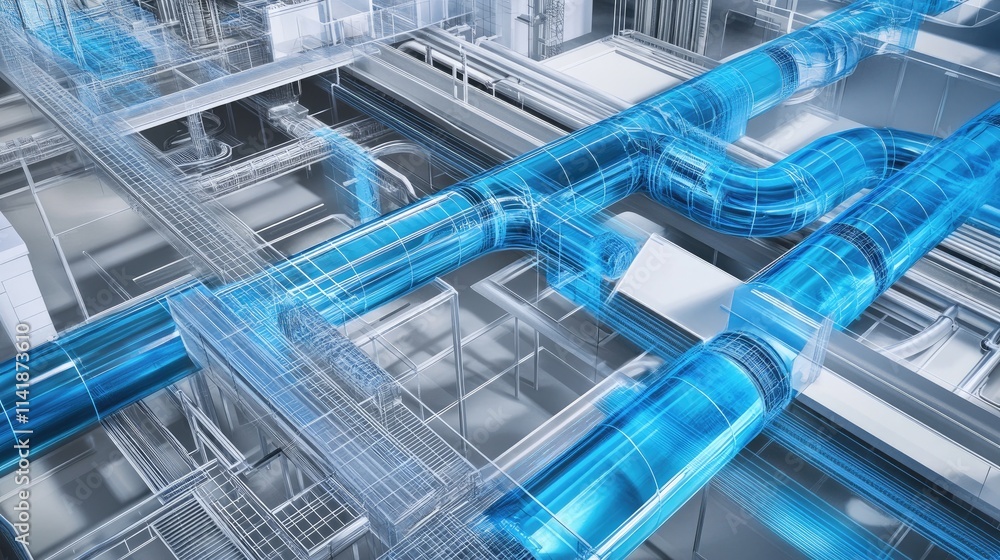 Poster a detailed 3d illustration of an architectural blueprint for a ventilation system, highlighting air 