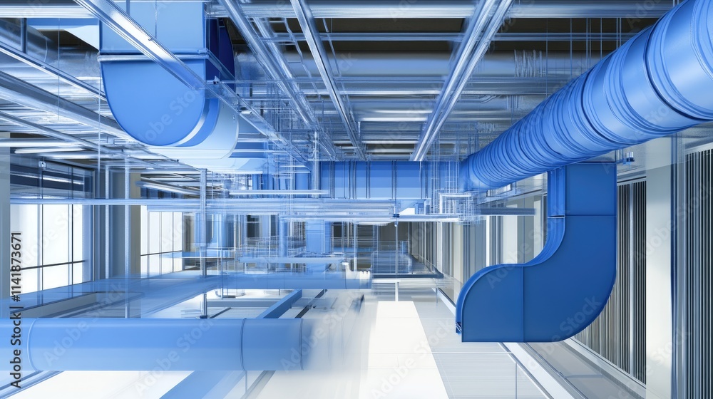 Poster a detailed 3d illustration of an architectural blueprint for a ventilation system, highlighting air 