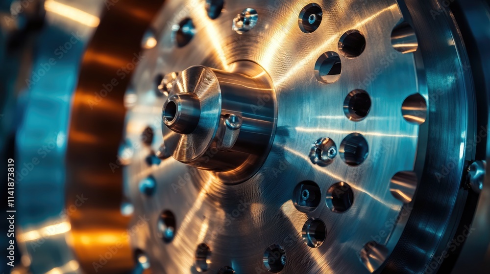 Poster A detailed close-up of a rotating flywheel, demonstrating the concept of rotational dynamics and energy storage in mechanical systems