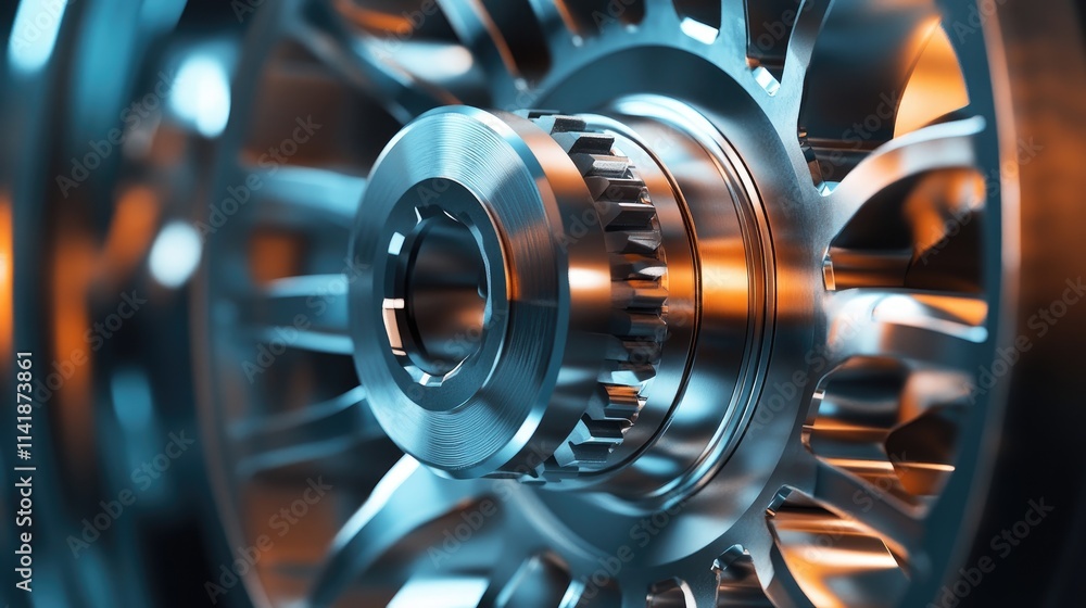 Poster A detailed close-up of a rotating flywheel, demonstrating the concept of rotational dynamics and energy storage in mechanical systems