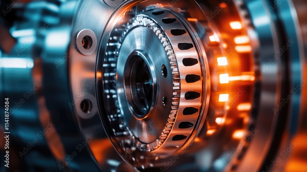 Poster a detailed close-up of a rotating flywheel, demonstrating the concept of rotational dynamics and ene