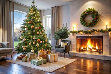 Stylish Christmas decor: fireplace, tree, and presents perfectly arranged for a holiday photo.