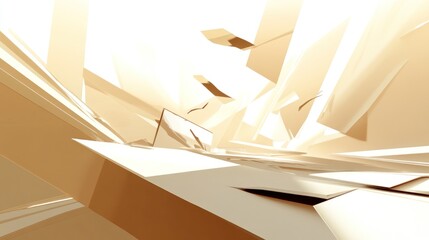 Abstract beige geometric shapes, dynamic perspective, light and shadow interplay.