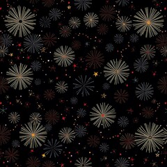 Cosmic Celebration: A vibrant seamless pattern of colorful fireworks bursting against a night sky backdrop, sprinkled with twinkling stars. Perfect for festive occasions and celebrations.