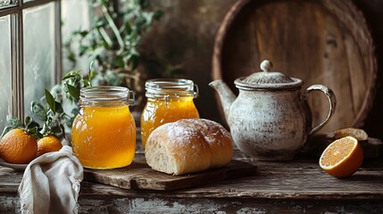 A rustic scene with orange marmalade jars, bread rolls, and a pot of tea on a weathered wooden table