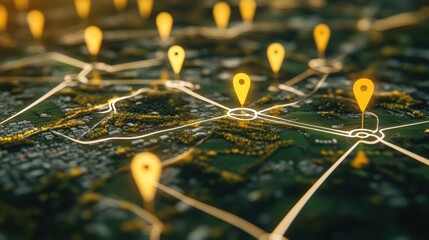 A digital countryside map, highlighted with yellow pins and white lines indicating important locations and routes in a modern tech style
