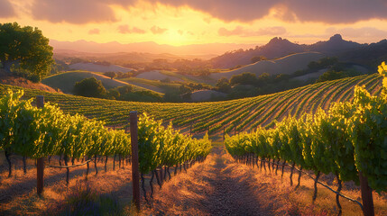 Fototapeta premium Vineyard Sunset Landscape Illustration