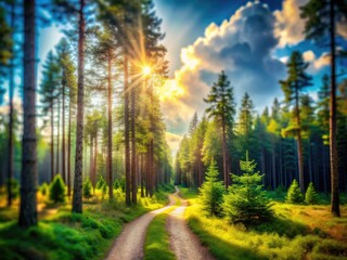 Obraz premium Tilt-shift magic transforms a sunlit forest path into a playful, miniature world of pine trees.