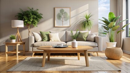 Fototapeta premium Tranquil living room, minimalist design, featuring a wooden table and calming décor.