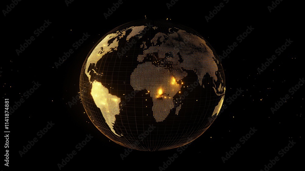 Leinwandbilder A digital globe with data processing lines and glowing points on a black background, highlighting technological advancement in the world map