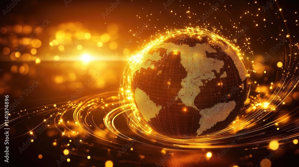 Poster A digital globe with data processing lines and glowing points on a black background, highlighting technological advancement in the world map