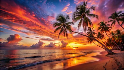 Idyllic beach vacation: breathtaking sunset photography captures palm trees and paradise.