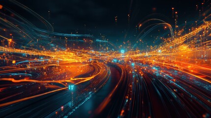 Obraz premium Vivid light trails create dynamic motion in a vibrant cityscape at night