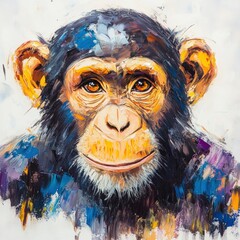 Oil painting of beautiful Chimpanzee impressionism style, accented brush strokes and paint blobs