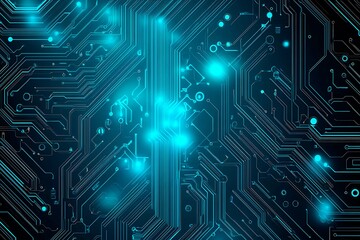 Abstract image of a glowing futuristic circuit board featuring neon blue lines, digital patterns, and intricate technology-inspired details.