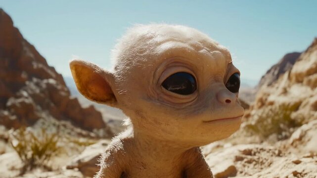 funny and cute extraterrestrial alien or ufo from an another planet in the desert, intelligent interstellar civilization in the universe