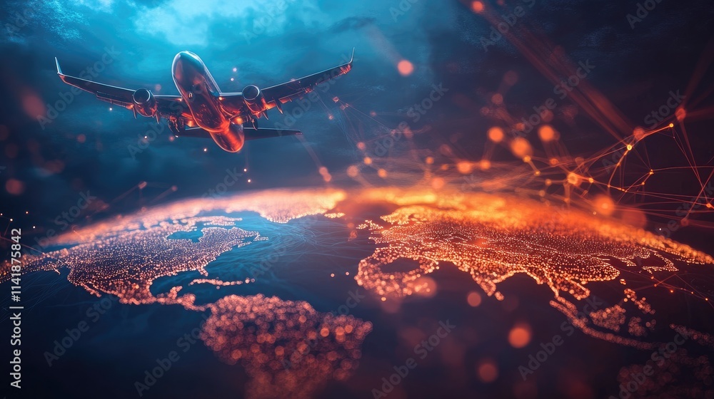 Poster A futuristic image of planes flying over a world map with dynamic movement and glowing flight paths, symbolizing connectivity and travel