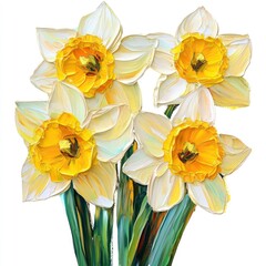 Obraz premium Oil painting of beautiful Daffodils impressionism style, accented brush strokes and paint blobs