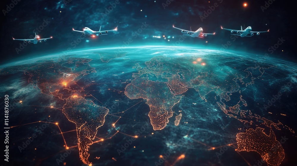 Poster A futuristic image of planes flying over a world map with dynamic movement and glowing flight paths, symbolizing connectivity and travel