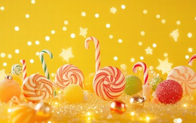 A whimsical holiday setting featuring colorful candy shapes, glowing fairy lights, and sparkling stars on a vivid yellow background