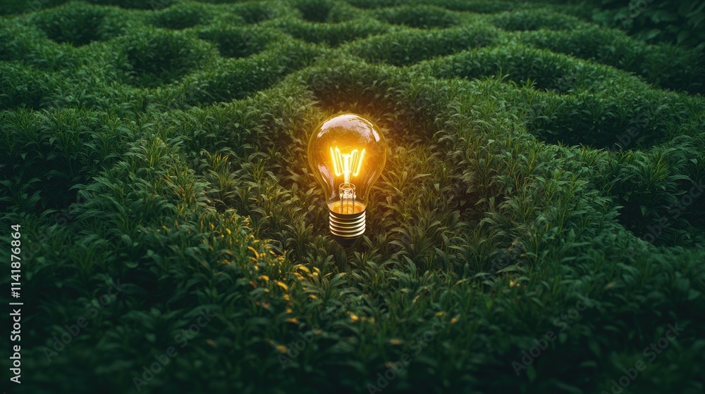 Poster a glowing light bulb placed in the center of a lush grass maze, symbolizing creative thinking and in