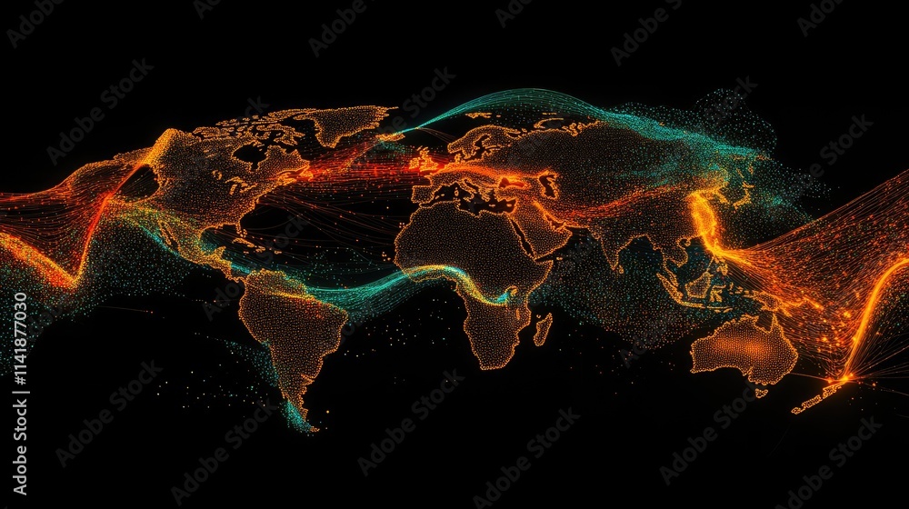 Poster A glowing world map with flowing digital data processing lines, symbolizing global connectivity and information flow on a black background