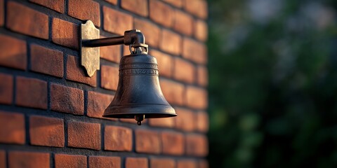 Antique bronze bell on brick wall