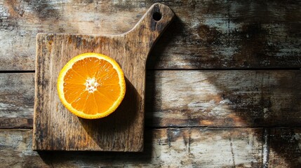 Orange marmalade glistening under sunlight, isolated on a vintage wooden cutting board with a rustic backdrop