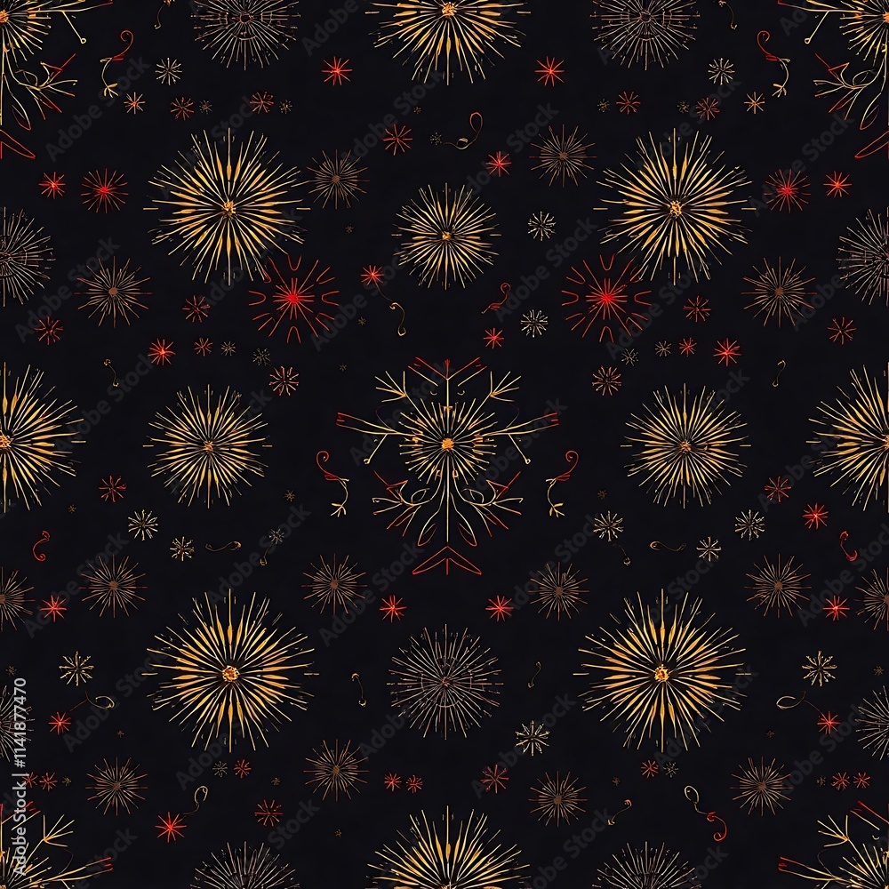 Poster celestial burst: a captivating seamless pattern of golden and red fireworks exploding against a midn