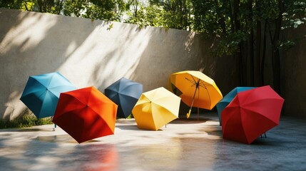 A group of open umbrellas in different colors, arranged to create a playful and bright outdoor scene, ideal for fashion or vacation imagery
