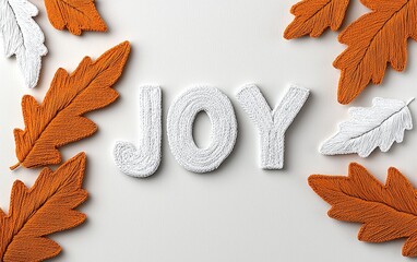 Joy String Art with Autumn Leaves on White Background