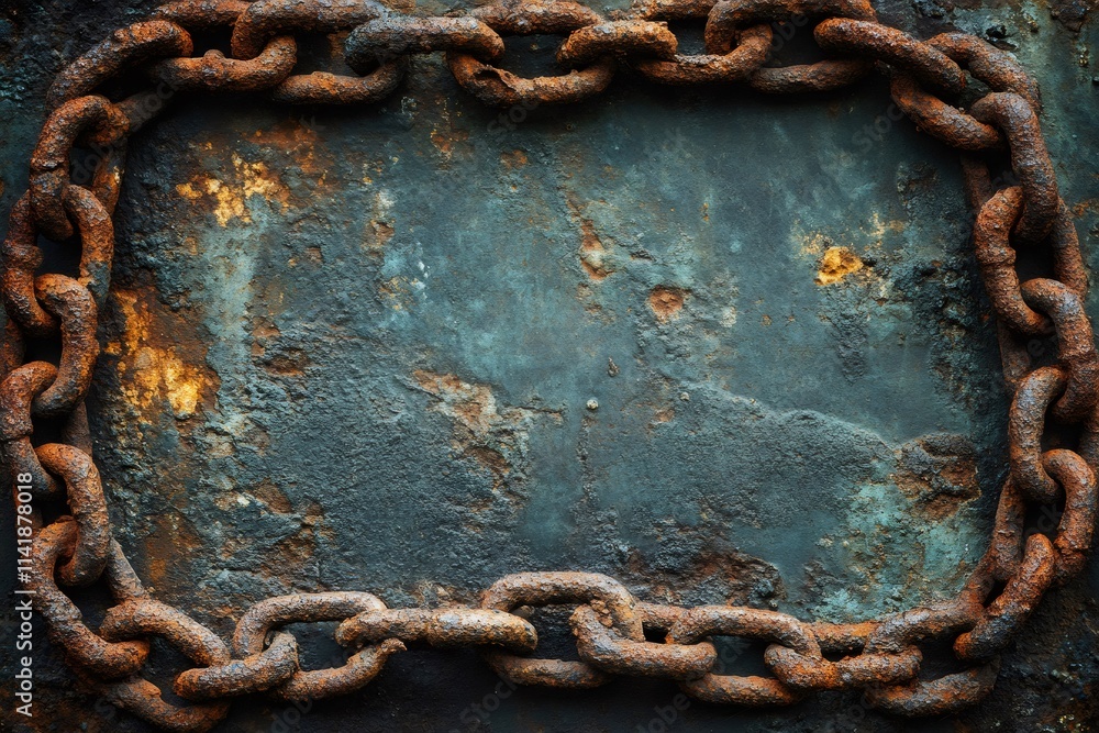 Poster rusty chain framing old weathered metallic background