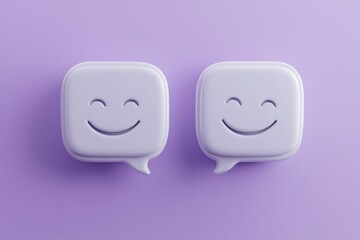 Two cute white speech bubbles with happy face emojis on a purple background
