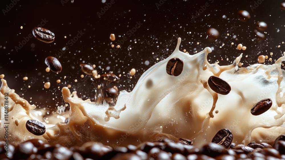 Poster A lively splash of coffee beans and cream in motion, frozen in time as they combine in a vibrant and dynamic scene