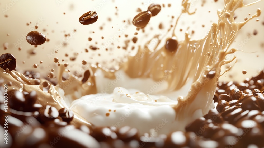 Poster A lively splash of coffee beans and cream in motion, frozen in time as they combine in a vibrant and dynamic scene