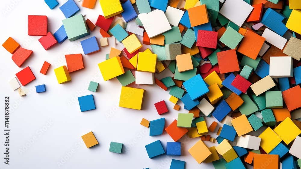 Aufkleber A messy pile of colorful, differently-shaped blocks scattered on a white surface, with open white space in the middle for customizable design elements