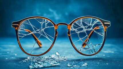 Close-up of shattered eyeglasses lens on reflective surface.