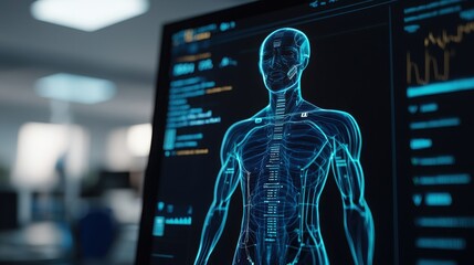 Digital health info exploring the history of human anatomy through technology in a modern office environment