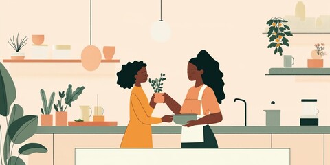 Fototapeta premium Two african females cooking together in a modern kitchen setting