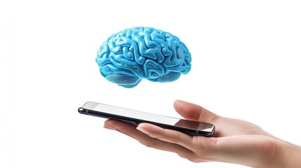 Human hand holding a smartphone with a blue brain illustration floating above it, symbolizing technology and artificial intelligence. Isolated on white background