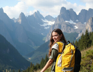 A smiling female traveler with a yellow hiking backpack enjoys the beautiful scenery of the majestic mountains. Travel, adventure. Concept of an active lifestyle.