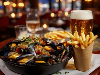 Elegant Belgian Dining Experience Featuring Mussels and Beer in Cozy Restaurant Setting