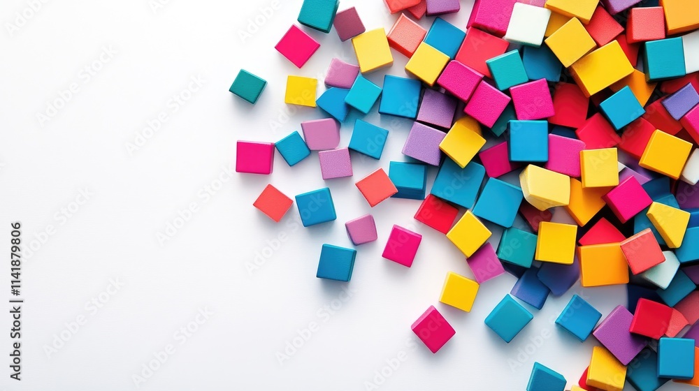 Poster A pile of colorful blocks of various shapes scattered on a white background, with ample white space in the center for design or text elements