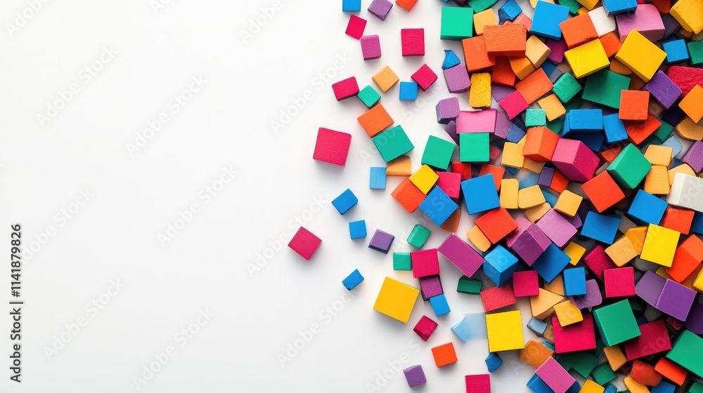 Poster A pile of colorful blocks of various shapes scattered on a white background, with ample white space in the center for design or text elements
