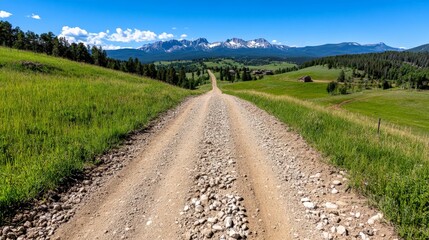 Fototapeta premium Mountain Road Trip: A scenic gravel road winds through vibrant green pastures, leading towards a majestic mountain range under a brilliant blue sky. The image evokes a sense of adventure and freedom.