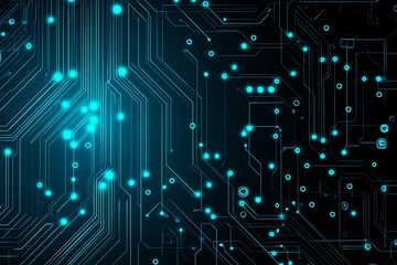 Abstract image of a glowing futuristic circuit board featuring neon blue lines, digital patterns, and intricate technology-inspired details.
