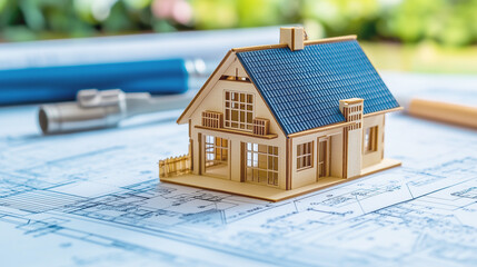 Architectural model of house with floor plans and drawing tools.