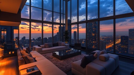 Luxurious urban living room with sunset view in a high-rise building showcasing modern design and city skyline